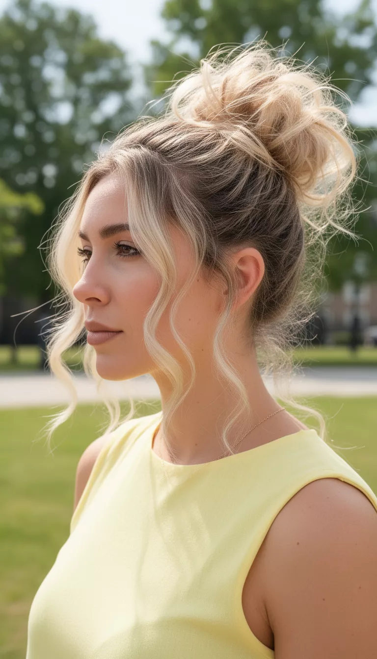 casual photo of a 31-year-old woman wearing a light yellow top with a blonde colored messy high bun with face framing wavy tendrils hairstyle, side view, bright outdoor setting.