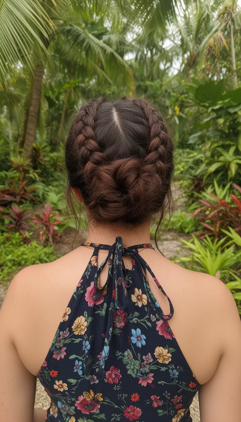 casual photo of a 32-year-old woman wearing a dark floral halter top with a dark brown colored cornrows on the sides leading to a low messy bun hairstyle, back view, tropical garden.