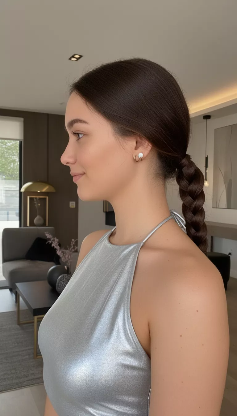 casual photo of a 28-year-old woman wearing a silver halter top with a dark brown colored sleek braided low ponytail hairstyle, side view, stylish interior.