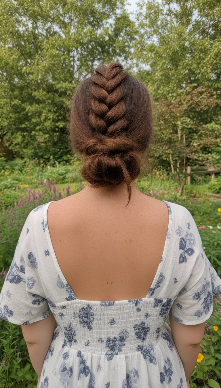 casual photo of a 38-year-old woman wearing a casual summer dress with a brown colored inverted French braid leading into a low messy bun hairstyle, back view, garden background.