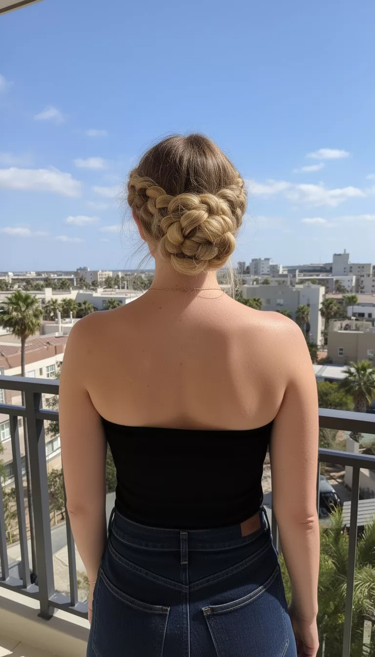 casual photo of a 35-year-old woman wearing a black strapless top with a blonde colored bubble braid hairstyle, back view, sun balcony setting.