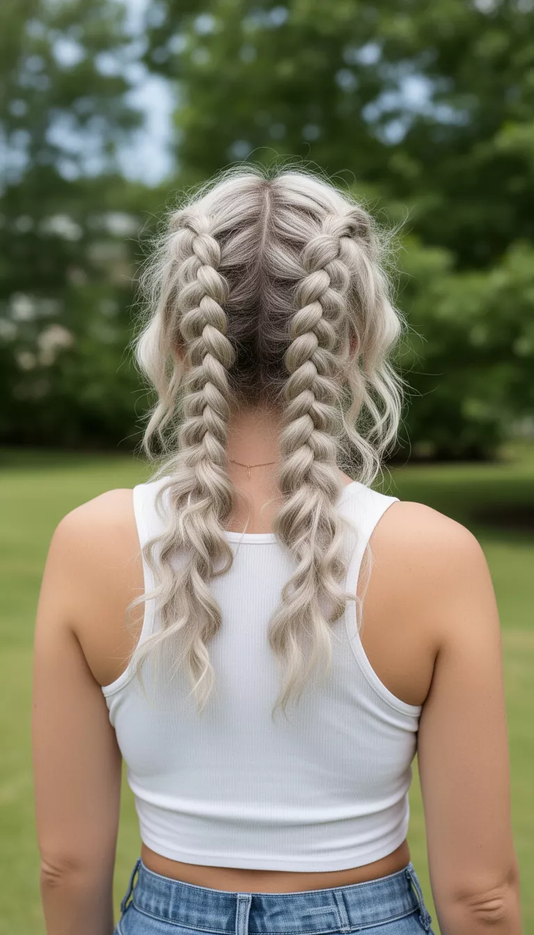 casual photo of a 30-year-old woman wearing a white tank top with a platinum blonde colored voluminous Dutch braids ending in wavy pigtails hairstyle, back view, bright outdoor setting.