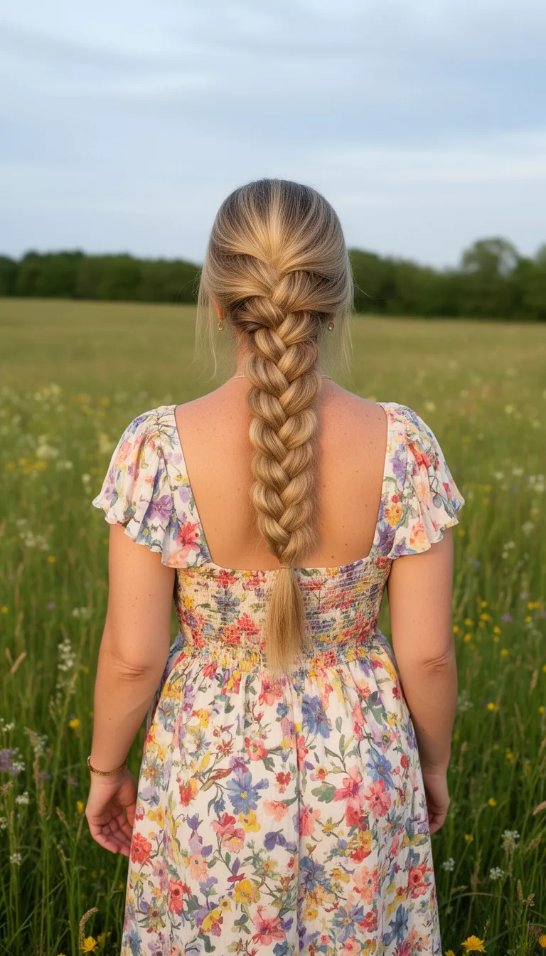 casual photo of a 40-year-old woman wearing a summer dress with a long blonde colored waterfall braid across the crown hairstyle, back-side view, meadow background.