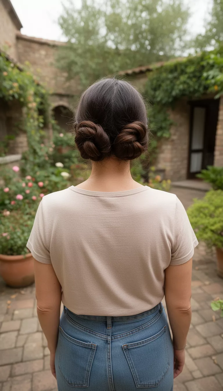 casual photo of a 46-year-old woman wearing a casual summer outfit with a dark brown colored twisted sections meeting in two low coiled buns hairstyle, back view, outdoor courtyard.