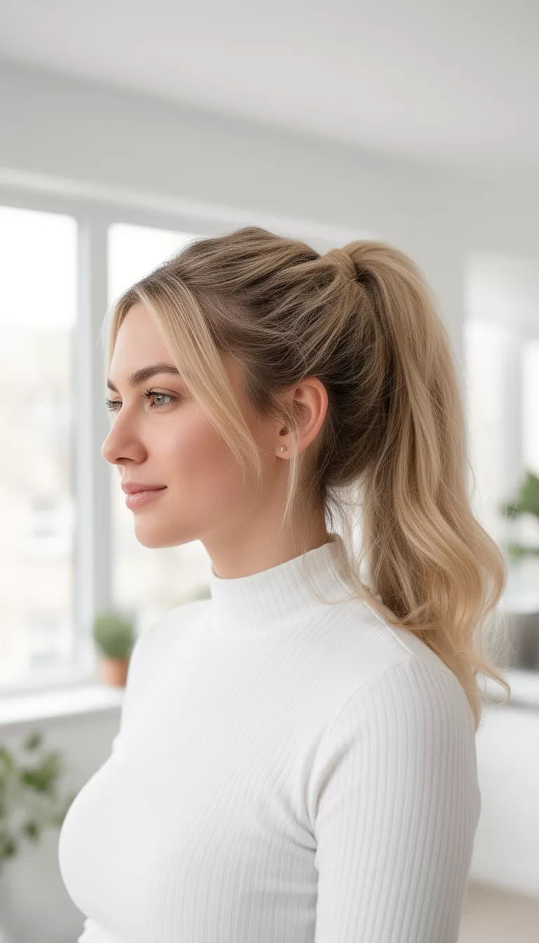 casual photo of a 29-year-old woman wearing a white high-neck top with a blonde colored half-up high ponytail hairstyle, side view, bright indoor setting.