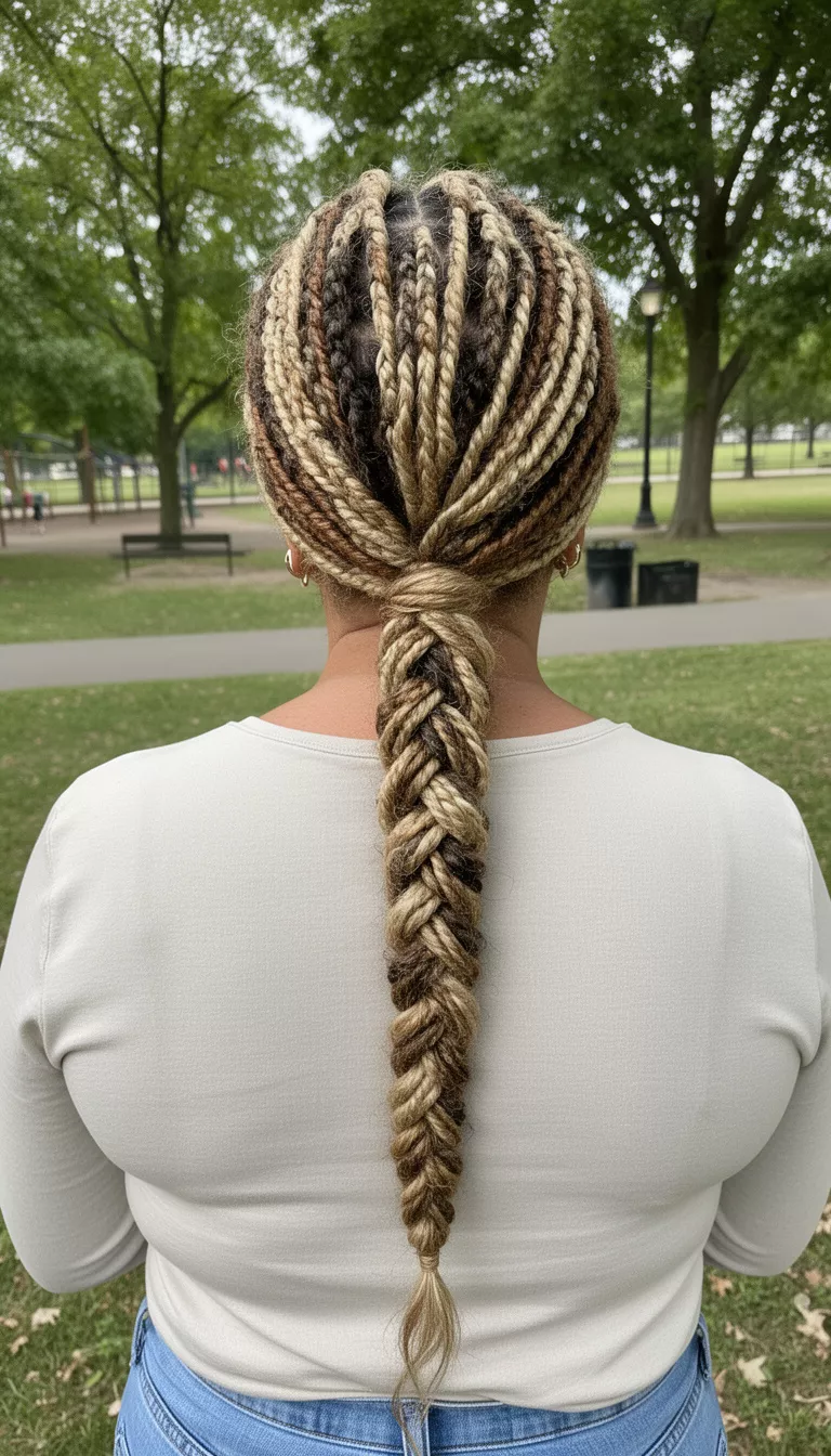 casual photo of a 43-year-old woman wearing a light-colored top with a blonde and brown highlighted colored twists securing a long loose center braid hairstyle, back view, outdoor park.