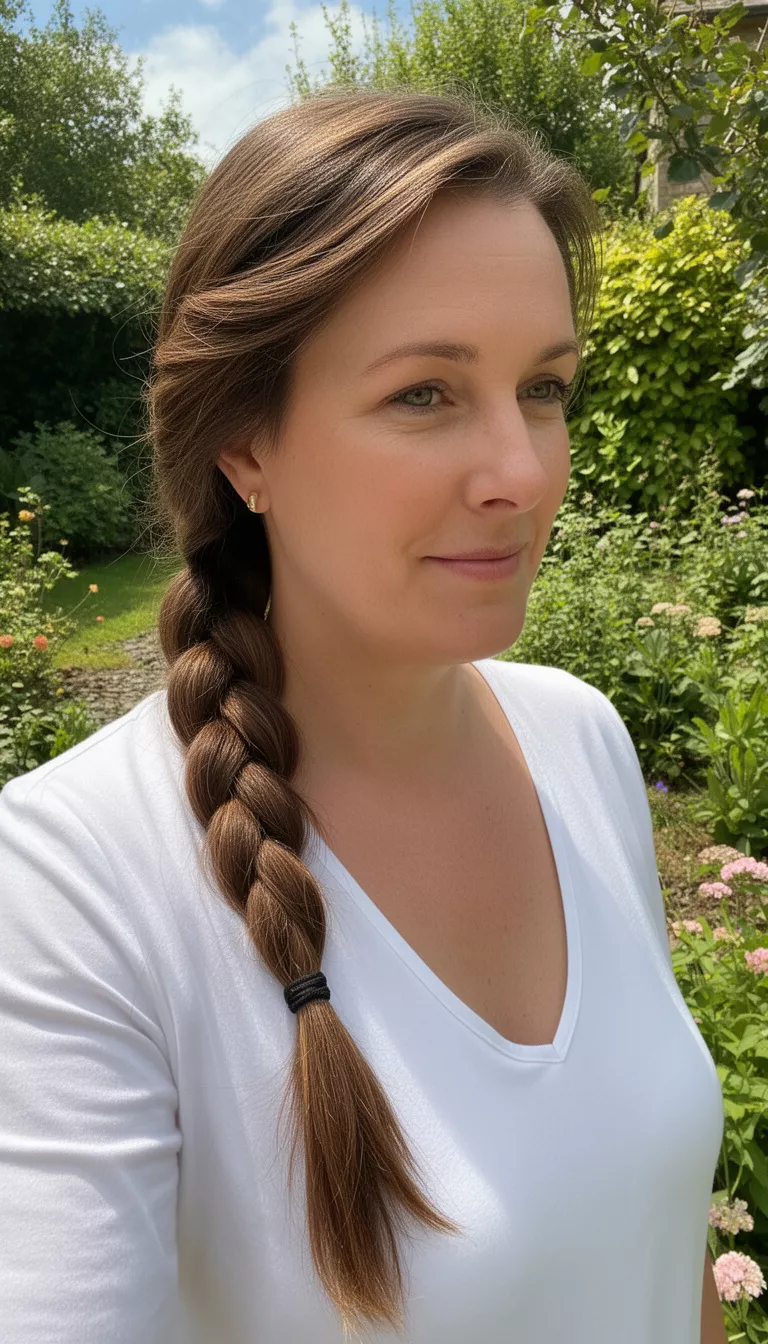 casual photo of a 39-year-old woman wearing a white top with a medium brown colored side braid flowing into a long side braid hairstyle, front-side view, sunny garden.