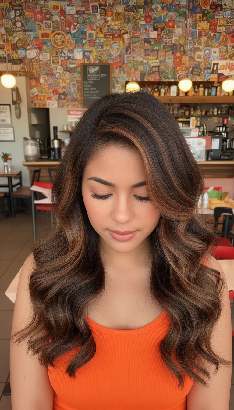 selfie of a 31-year-old woman wearing a bright orange tank top with a dark brown wavy colored long voluminous side-swept waves hairstyle, front view looking down, colorful cafe.