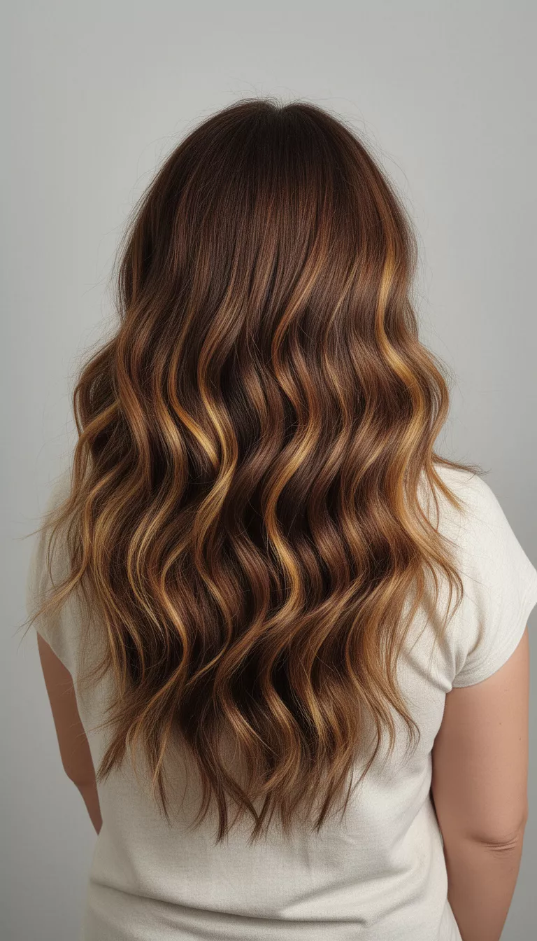 casual photo of a 41-year-old woman wearing a light top with a rich brown wavy colored long hair with golden highlights hairstyle, back view, neutral background.