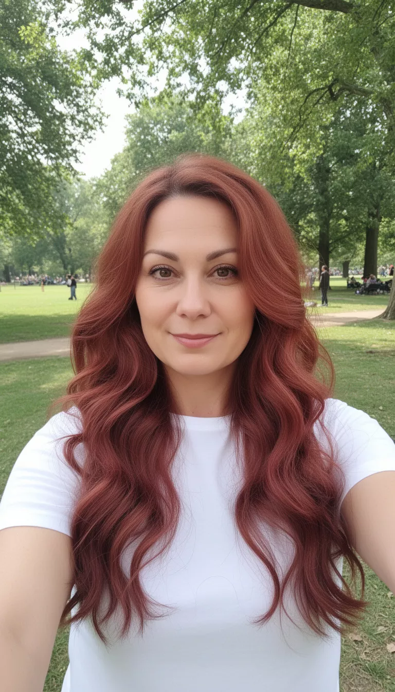 selfie of a 35-year-old woman wearing a white t-shirt with a reddish-brown wavy colored long flowing hairstyle, front-side view, outdoor breezy park.