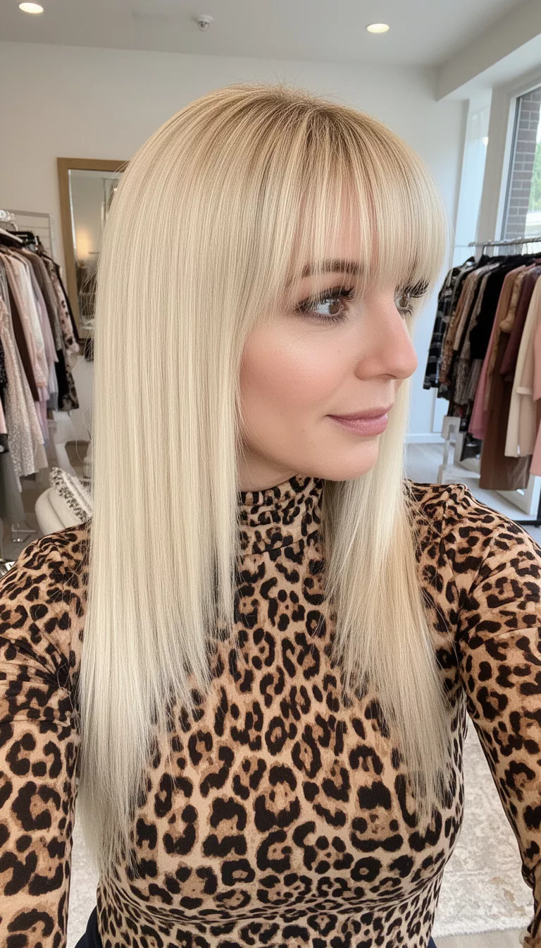 selfie of a 38-year-old woman wearing a leopard print high-neck top with a bright blonde straight colored long hair with face-framing layers and bangs hairstyle, side view, stylish boutique.