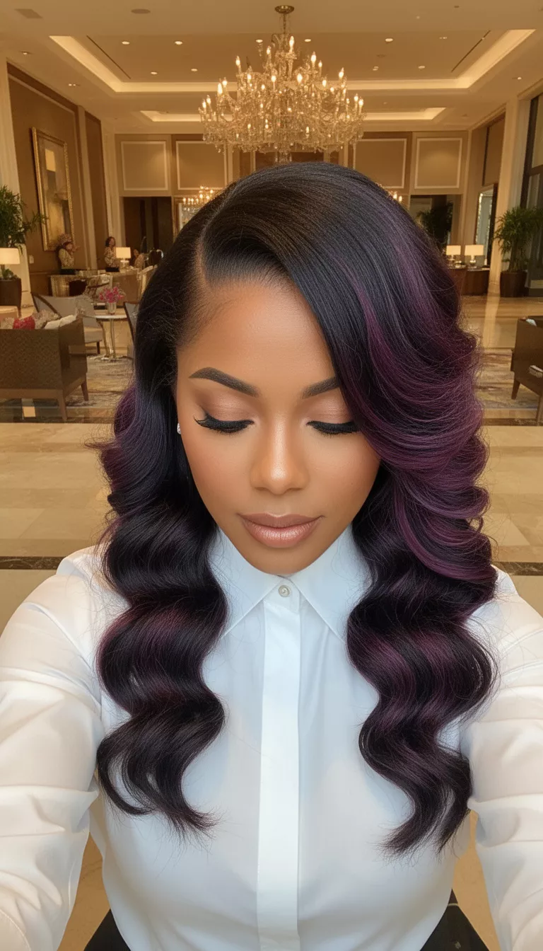 selfie of a 31-year-old woman wearing a white collared shirt with a dark wavy colored deep side-swept glamorous hairstyle, front view looking down, luxury hotel lobby.