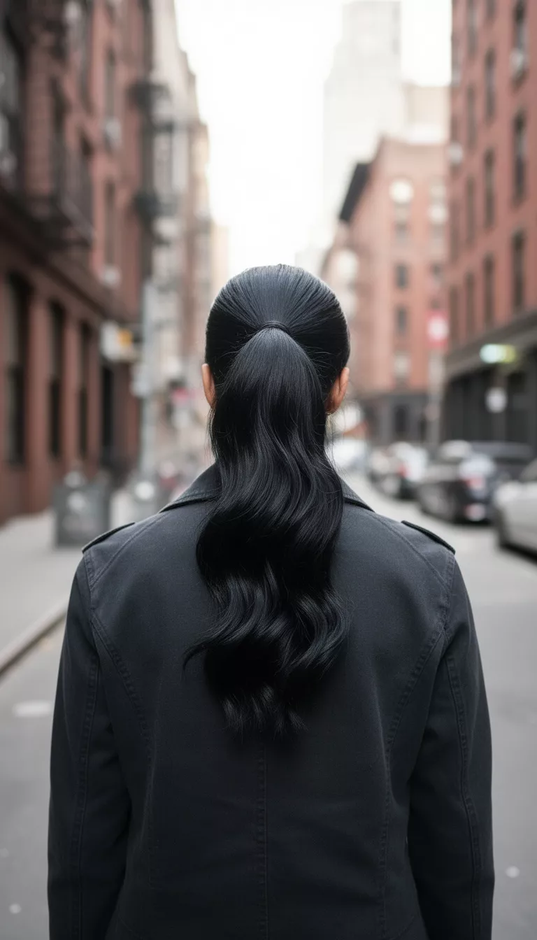 casual photo of a 27-year-old woman wearing a dark jacket with a jet-black wavy colored shiny slicked-back high ponytail hairstyle, back view, urban street.