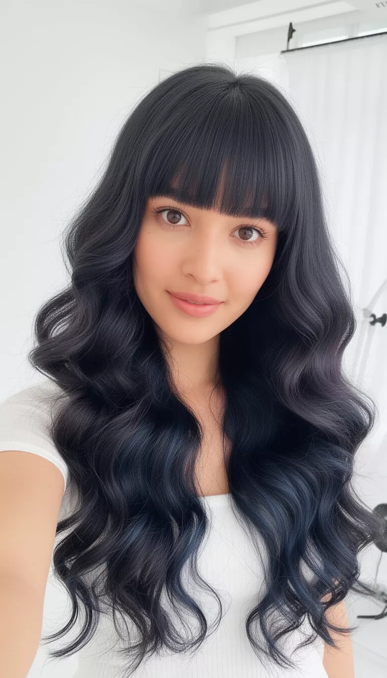 selfie of a 29-year-old woman wearing a white top with a dark wavy colored long voluminous hair with straight bangs hairstyle, front-side view, bright airy studio.