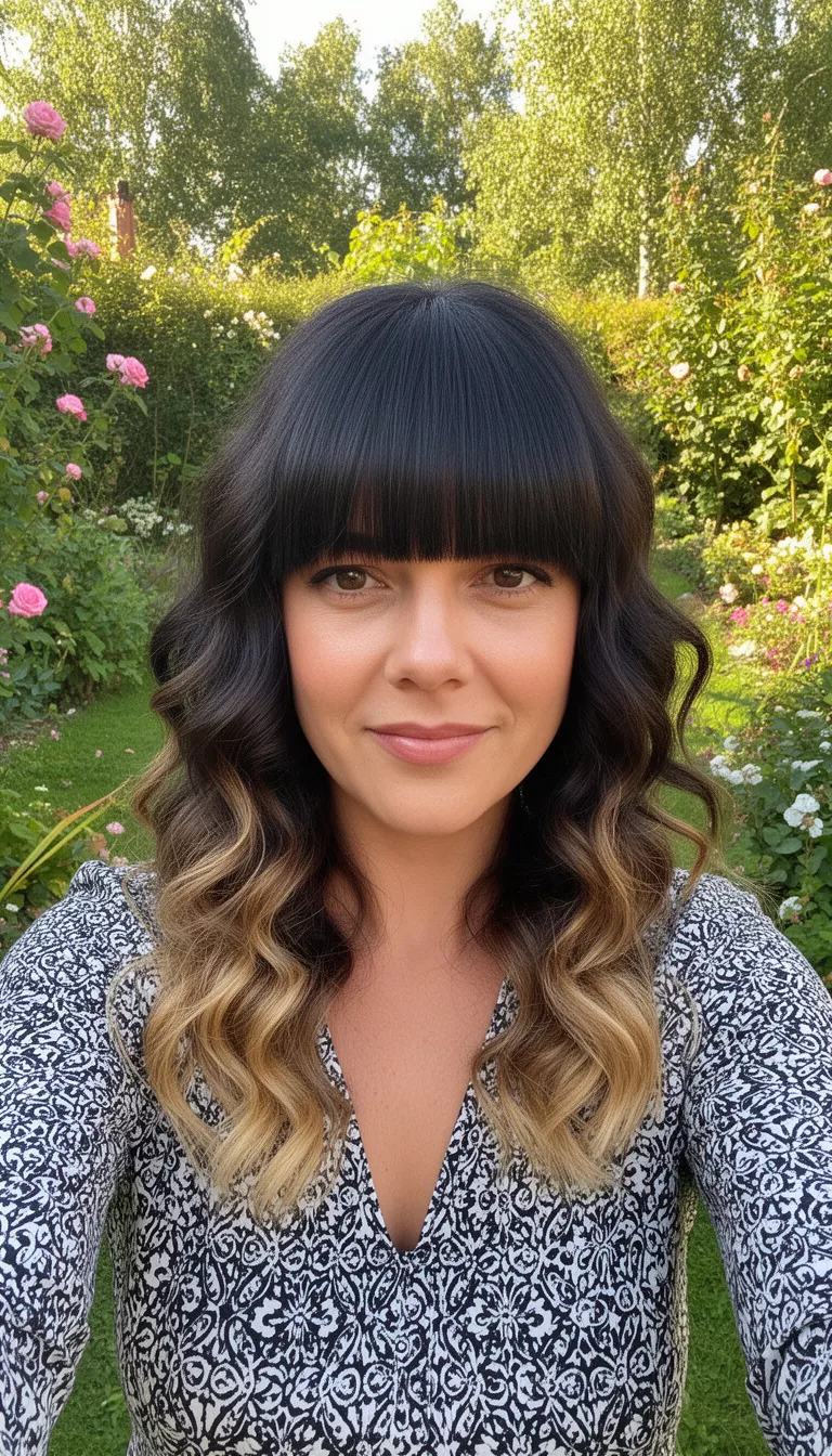 selfie of a 33-year-old woman wearing a black and white patterned top with a dark wavy colored hair with lighter ends and straight bangs hairstyle, front view, sunny garden.