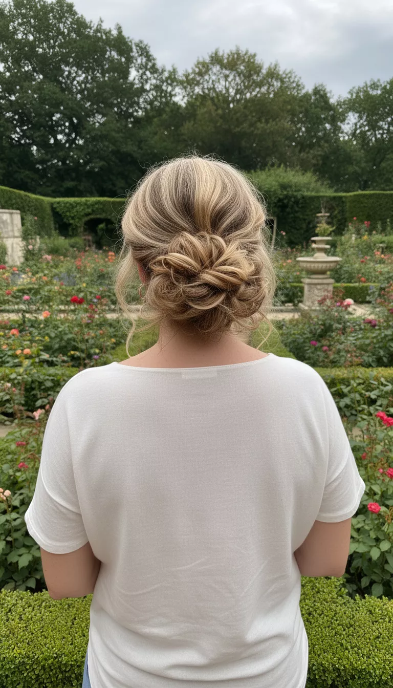 casual photo of a 43-year-old woman wearing a simple top with a blonde and light brown wavy colored voluminous low textured bun hairstyle, back view, elegant garden.