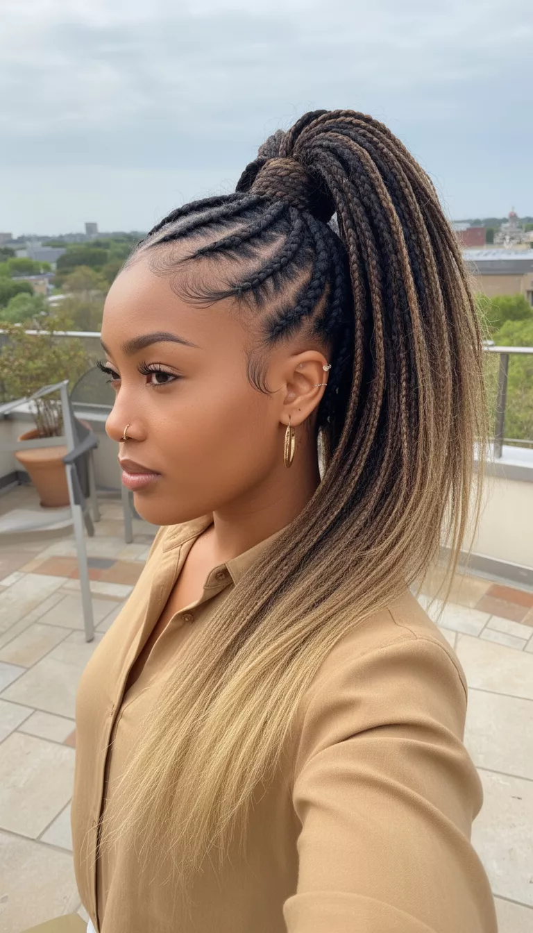 selfie of a 28-year-old woman wearing a tan collared shirt with a dark braided colored cornrows into a long thick ponytail with blonde ends hairstyle, side view, outdoor terrace.