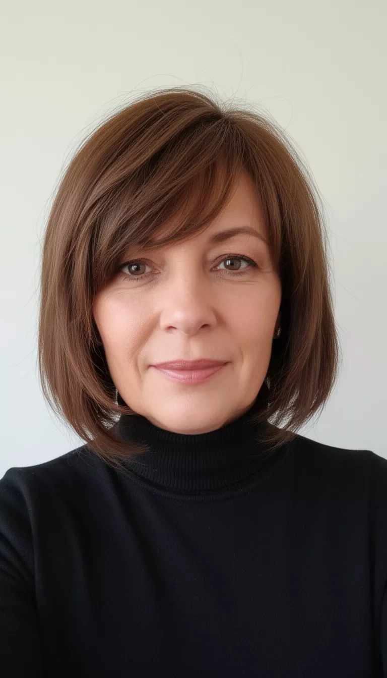 selfie of a 45-year-old woman wearing a black turtleneck with a mid-length, subtly layered brown cut featuring bangs swooping across her forehead hairstyle, front view, minimal background