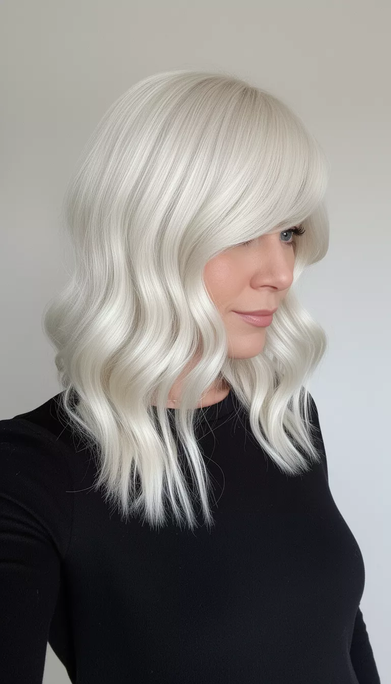 selfie of a 31-year-old woman wearing a black top with a bright platinum blonde, wavy mid-length hair featuring long, sweeping side bangs hairstyle, side view, minimal background