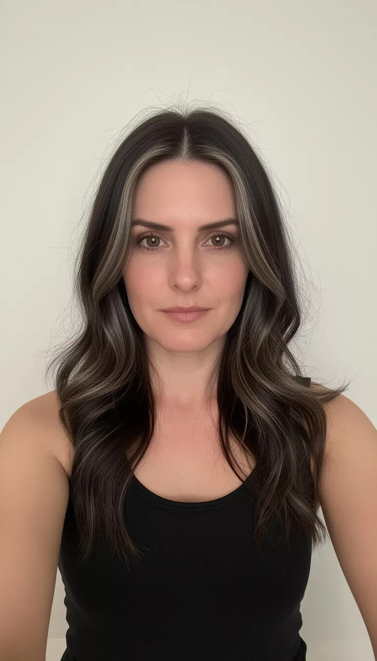 selfie of a 38-year-old woman wearing a black tank top with a long, dark brown hair featuring subtle ash highlights and soft waves, styled with face-framing layers and a middle part hairstyle, front view, minimal background