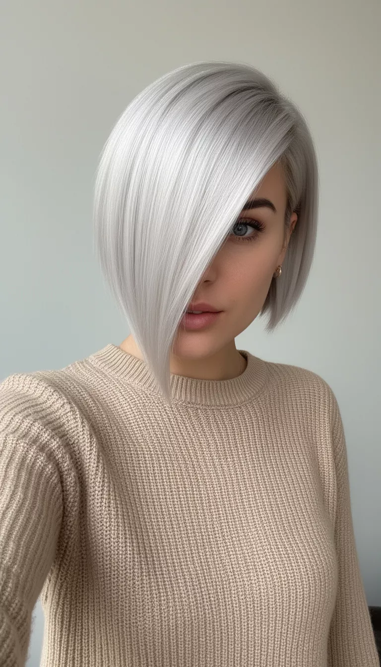 selfie of a 25-year-old woman wearing a beige knit top with an ultra-platinum, sleek, asymmetrical inverted bob, with the front section dramatically sweeping across her face hairstyle, profile view, minimal background