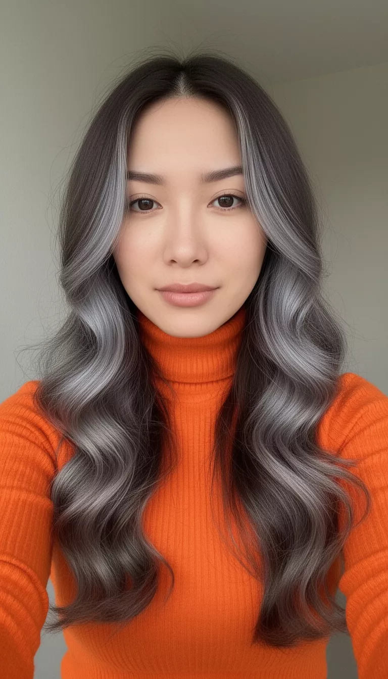 selfie of a 27-year-old woman wearing a bright orange turtleneck with a dark brown hair featuring cool-toned, silvery-ash long layers and waves hairstyle, front view, minimal background