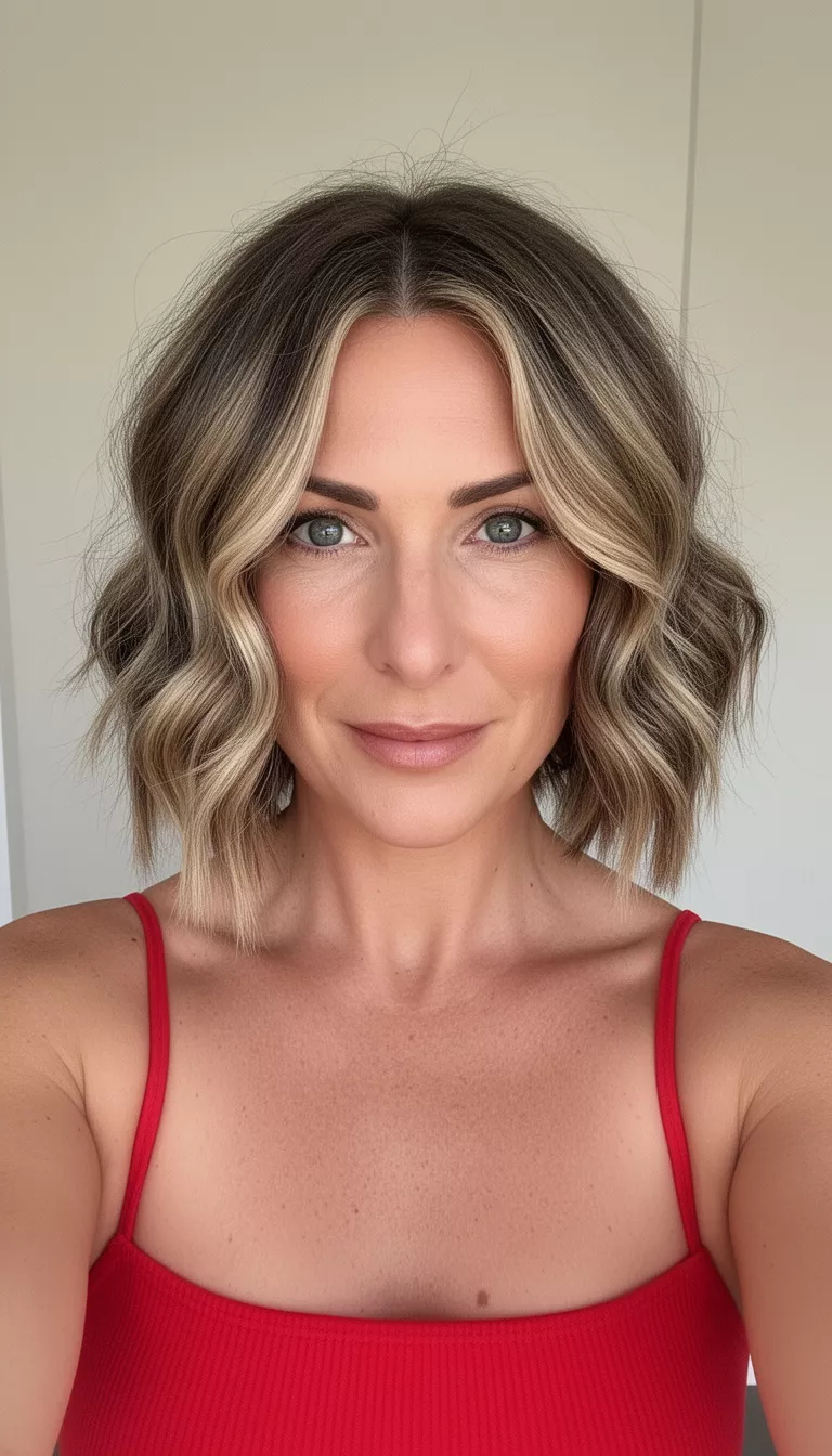 selfie of a 35-year-old woman wearing a red strap top with a sun-kissed balayage in a medium, wavy lob and prominent face-framing highlights hairstyle, front view, minimal background