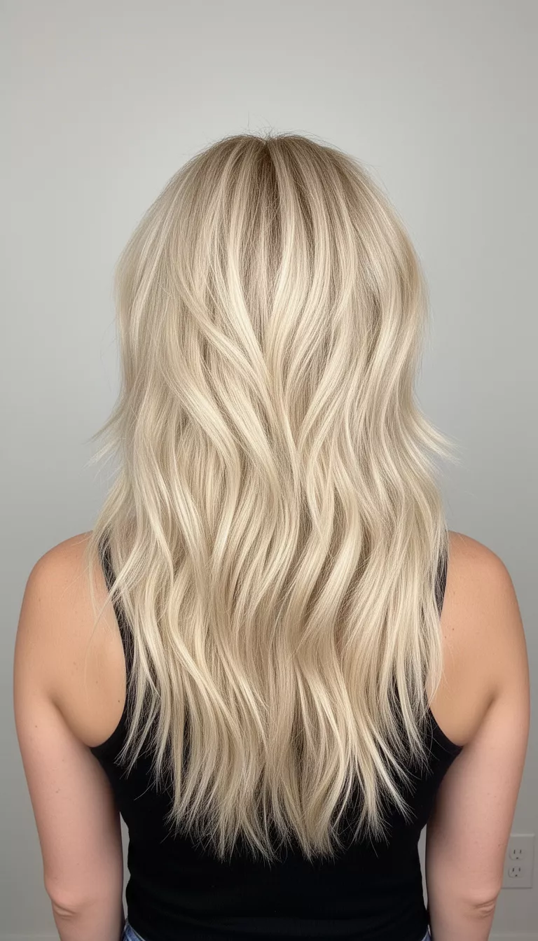 selfie of a 36-year-old woman wearing a black tank top with a long, heavily layered, bright blonde hair showcasing a shag-style cut with sweeping bangs hairstyle, back view, minimal background