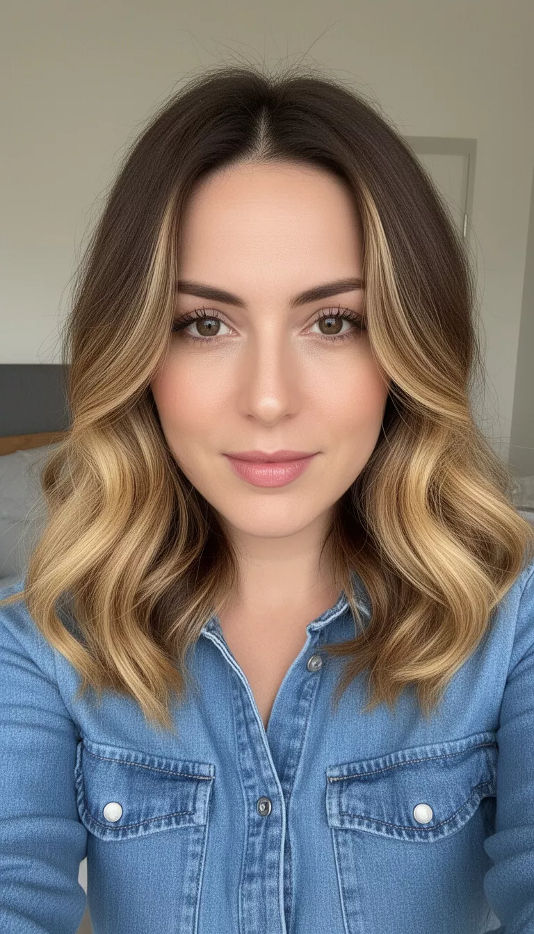 selfie of a 30-year-old woman wearing a blue denim top with a dark brown to warm blonde ombre on mid-length wavy hair, styled with soft face-framing sections hairstyle, front view, minimal background