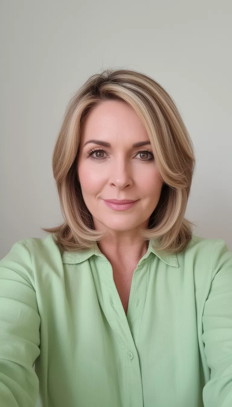 selfie of a 40-year-old woman wearing a light green shirt with a medium-length, layered blonde hair styled with soft inward curves and face-framing highlights hairstyle, front view, minimal background