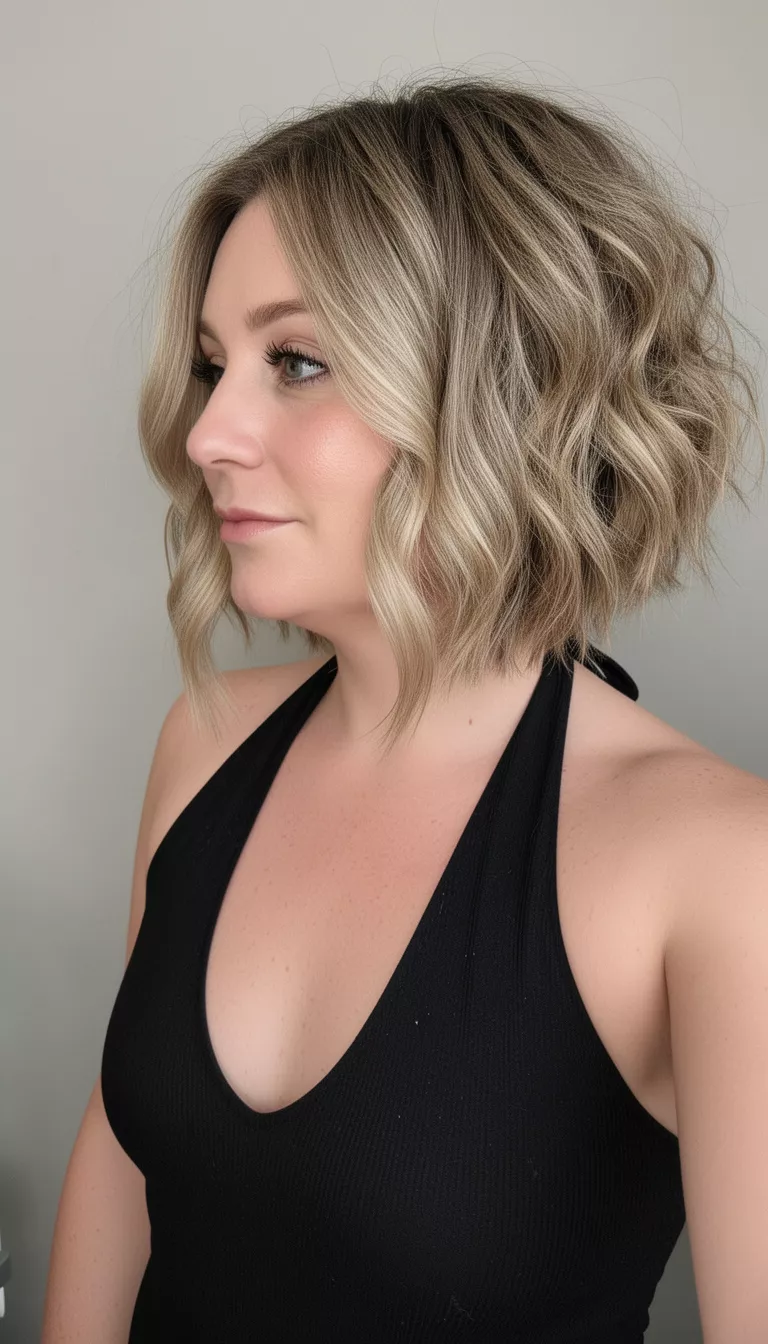selfie of a 33-year-old woman wearing a black halter top with a voluminous, textured, dirty blonde lob and highlighted face-framing pieces hairstyle, side view, minimal background