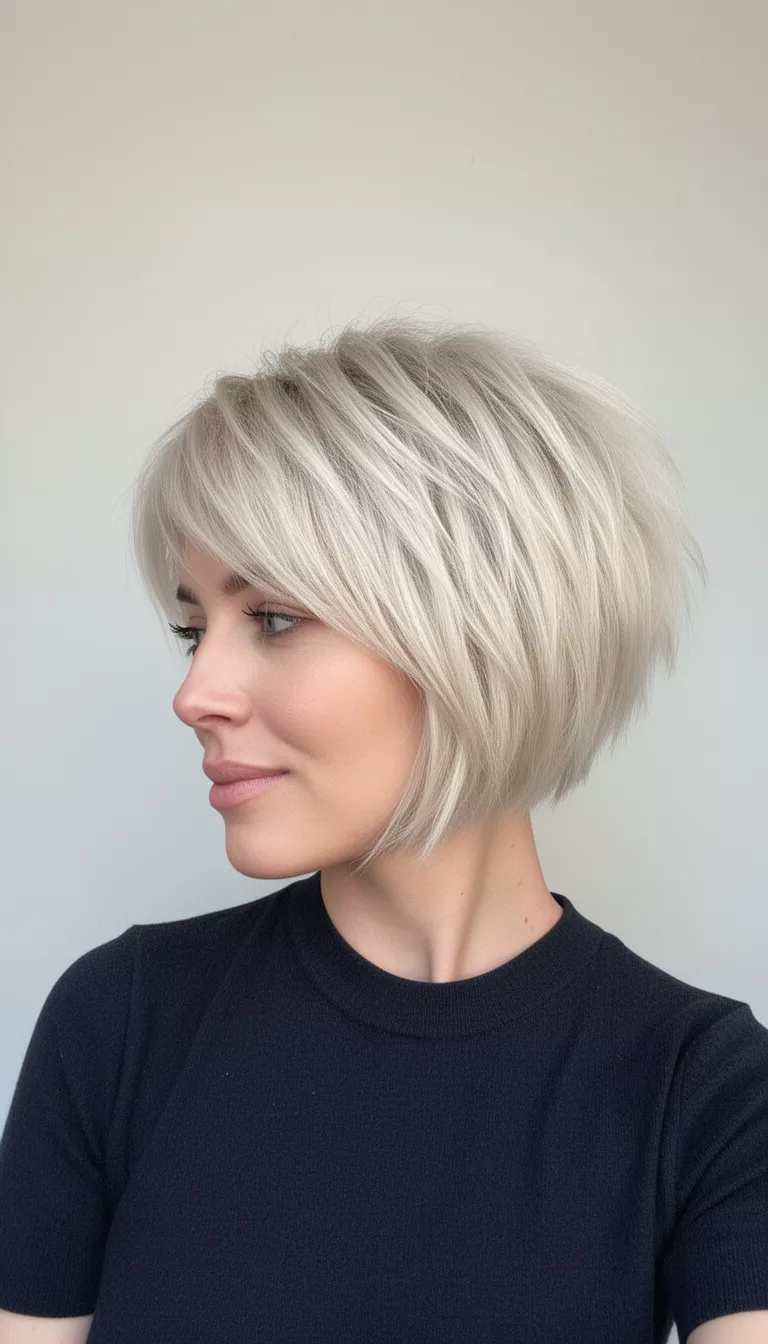 selfie of a 29-year-old woman wearing a dark top with a very short, choppy, platinum blonde bob, expertly layered with wispy bangs hairstyle, profile view, minimal background