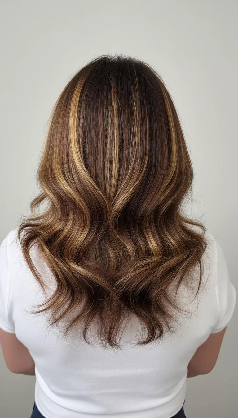 selfie of a 41-year-old woman wearing a white top with a medium-long, layered brown hair featuring golden highlights, showcasing volume and movement hairstyle, back view, minimal background