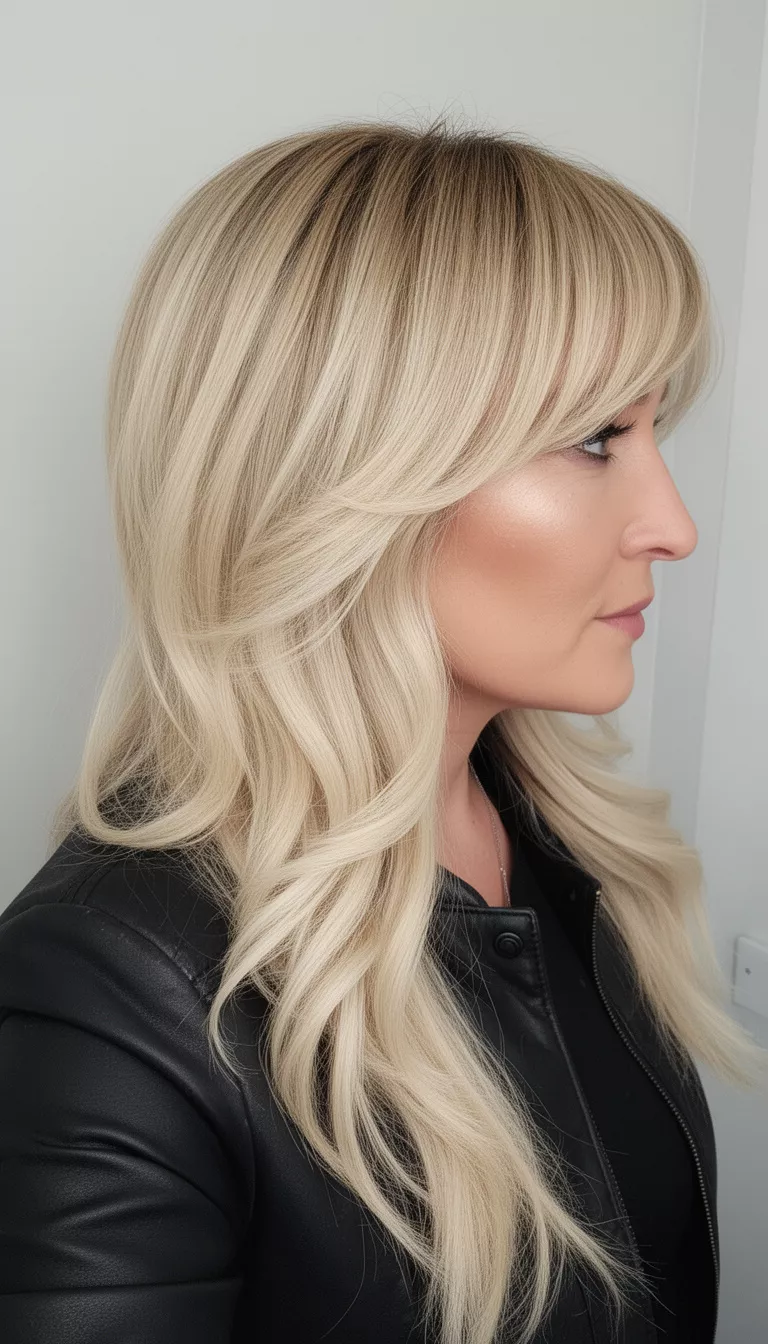 selfie of a 37-year-old woman wearing a black jacket with a long, heavily layered, bright blonde hair styled with soft volume and swept bangs hairstyle, profile view, minimal background
