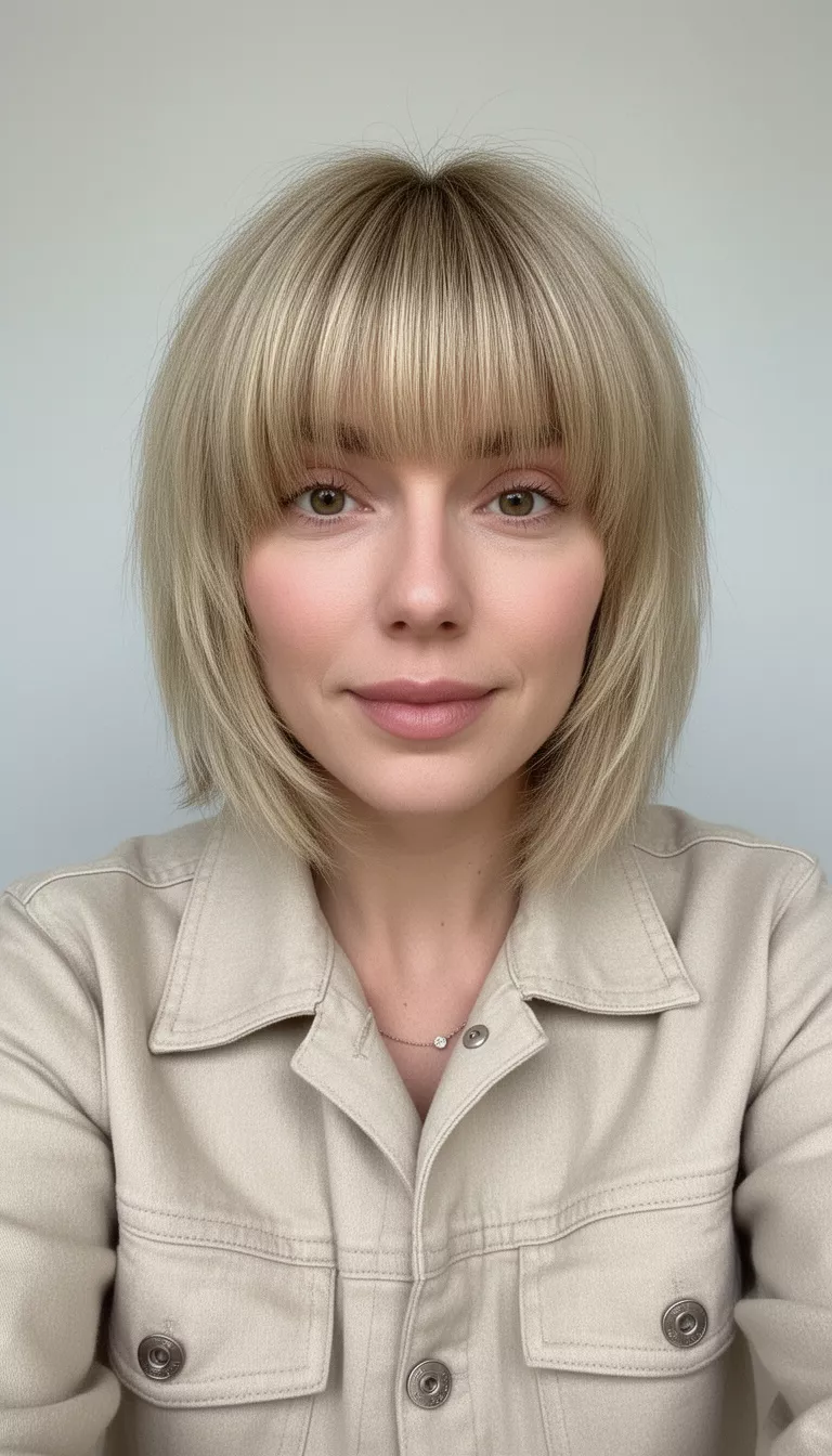 selfie of a 29-year-old woman wearing a light beige collared jacket with a medium-length, layered blonde shag cut featuring full, blunt bangs hairstyle, front view, minimal background