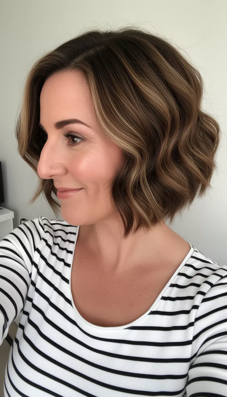 selfie of a 39-year-old woman wearing a white and black striped top with a textured, wavy brown bob featuring lighter highlights, styled with a deep side part hairstyle, side view, minimal background