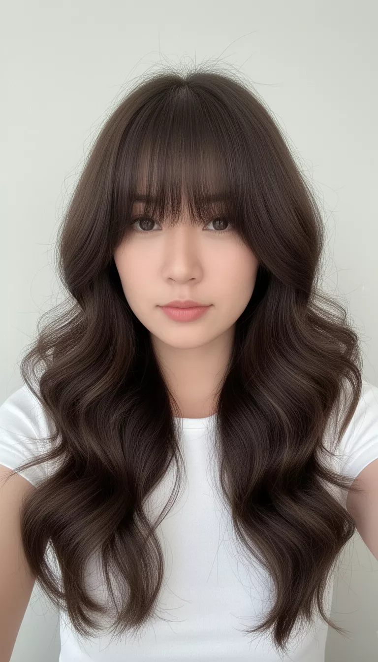 selfie of a 28-year-old woman wearing a white top with a long, dark brown hair styled in voluminous, layered waves with thick fringe bangs covering part of her face hairstyle, front view, minimal background