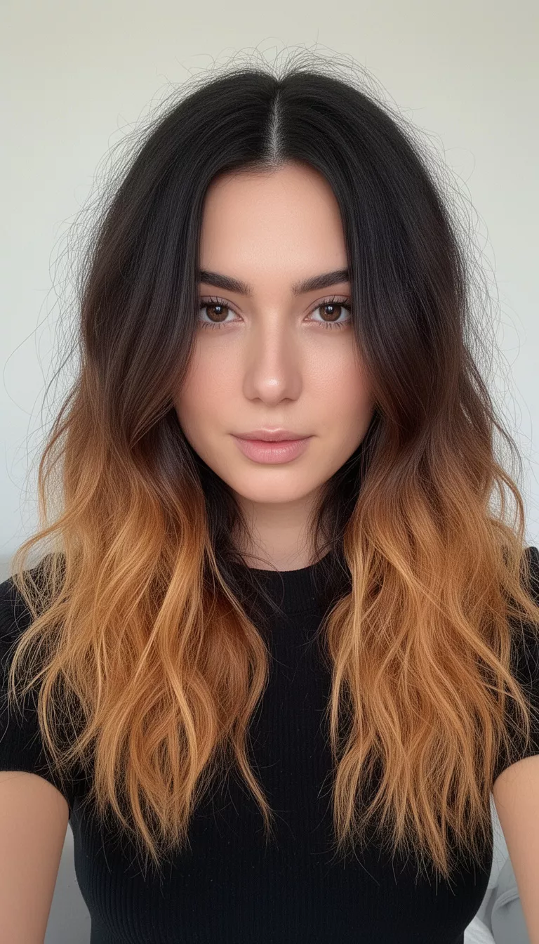 selfie of a 26-year-old woman wearing a black top with a dark brown hair fading to caramel ombre, long messy waves, and styled with a center part hairstyle, front view, minimal background