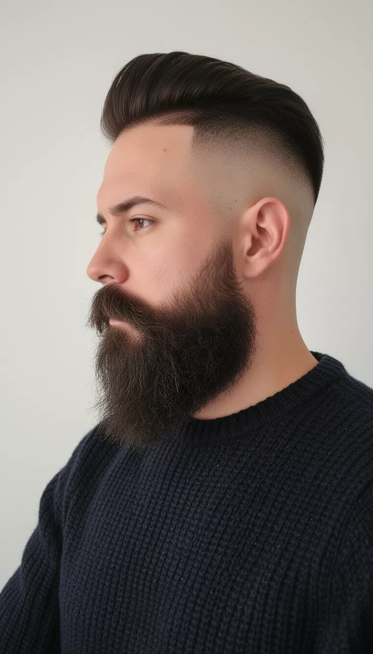 selfie of a 38-year-old man wearing a dark sweater with a high low fade and full beard hairstyle, side profile view, minimal background