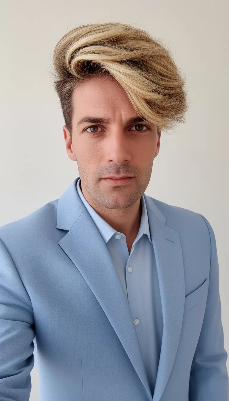 selfie of a 35-year-old man wearing a light blue suit with a voluminous layered blonde and brown hair swept to the side hairstyle, front view, minimal background