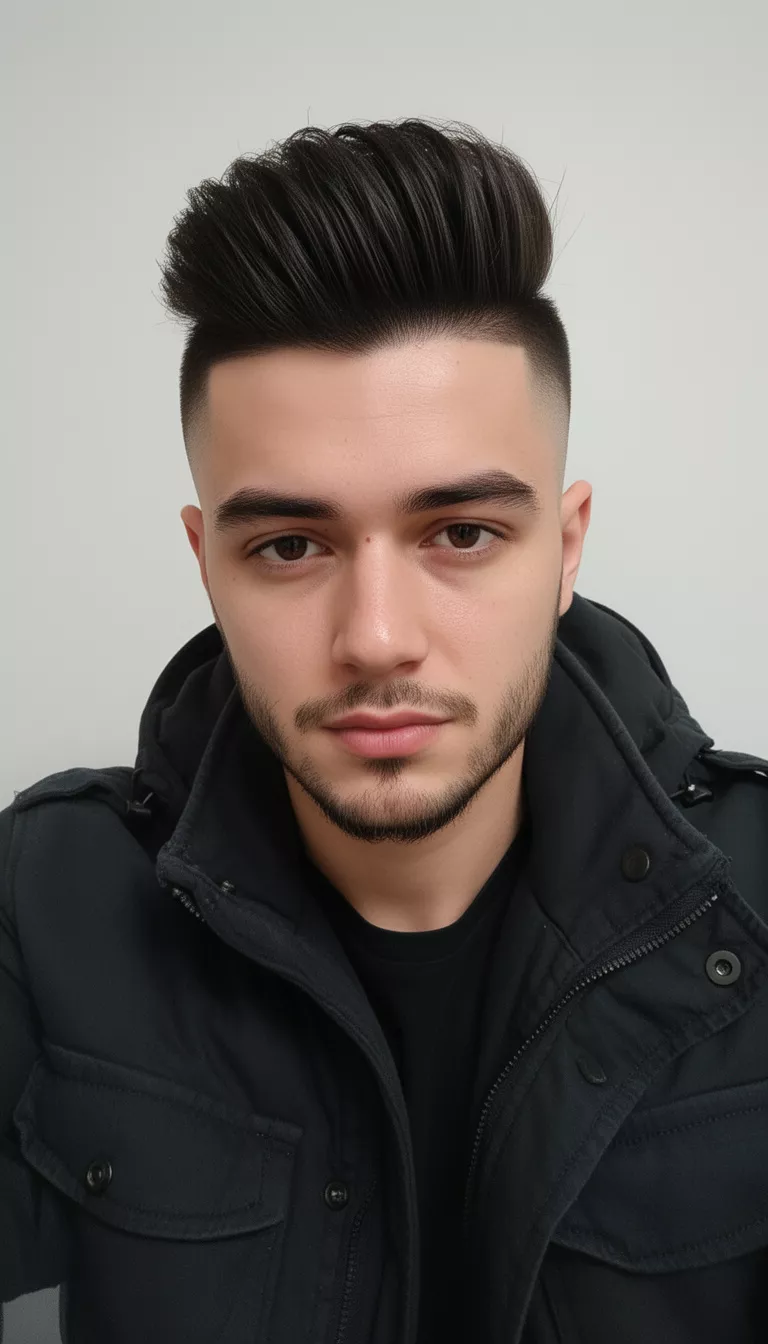 selfie of a 28-year-old man wearing a dark jacket with a dark hair styled up and back in a voluminous quiff with a fade hairstyle, front view, minimal background