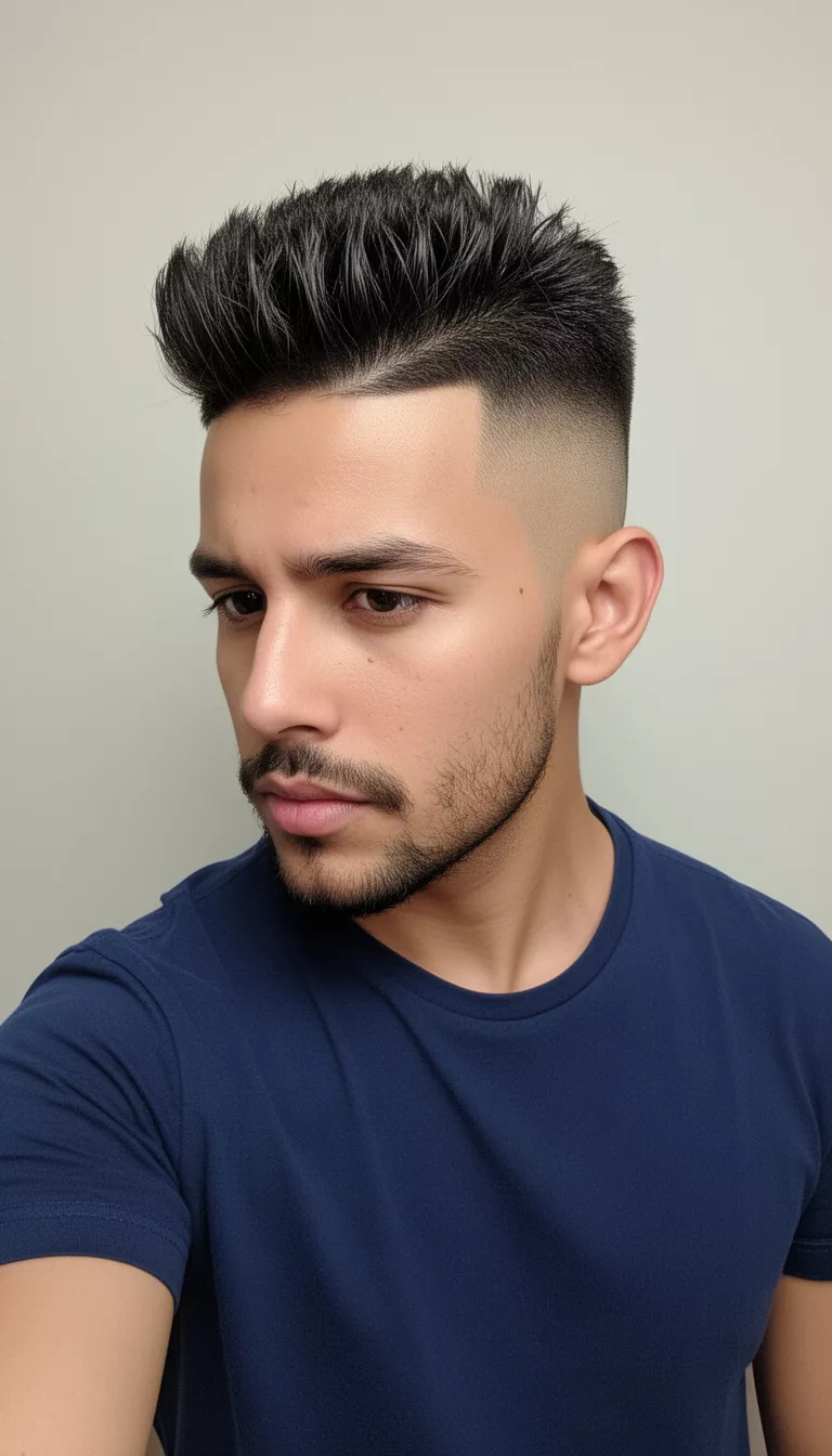 selfie of a 27-year-old man wearing a dark blue shirt with a textured dark hair styled upward with a high fade hairstyle, front side view, minimal background