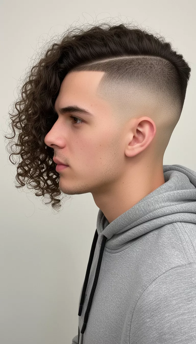 selfie of a 24-year-old man wearing a grey hoodie with a long curly hair swept to one side over a high skin fade hairstyle, side view, minimal background
