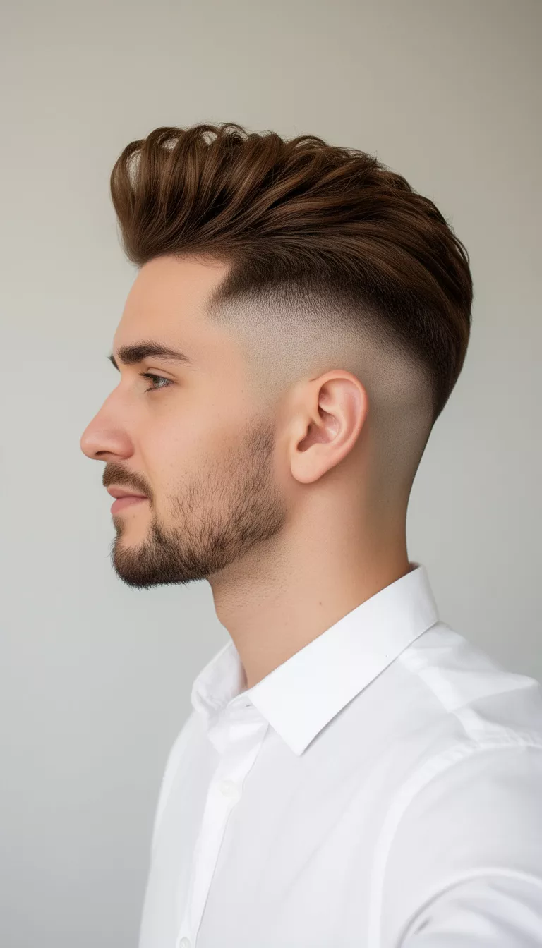 selfie of a 31-year-old man wearing a white shirt with a voluminous brown hair styled up and back and a skin fade hairstyle, side profile view, minimal background