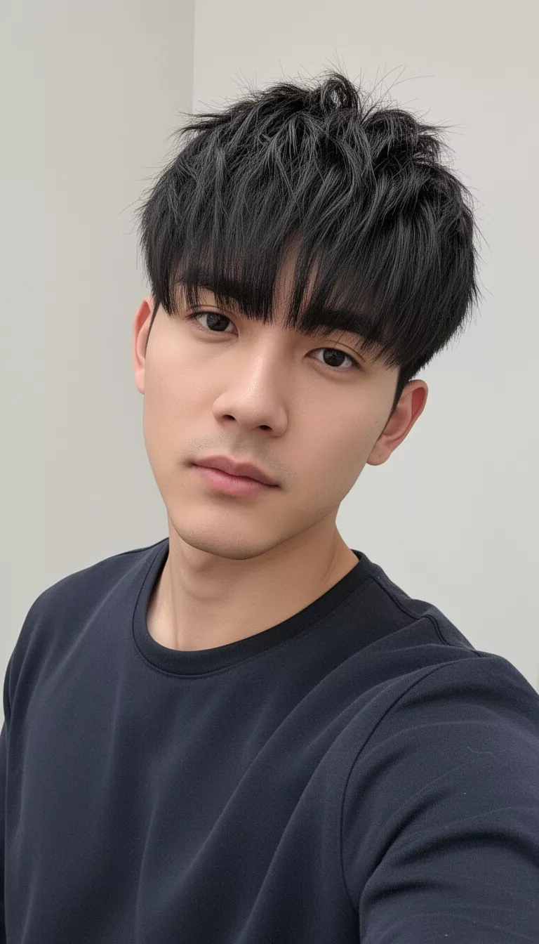 selfie of a 25-year-old man wearing a dark top with a choppy textured hairstyle styled forward with short bangs hairstyle, angled view, minimal background