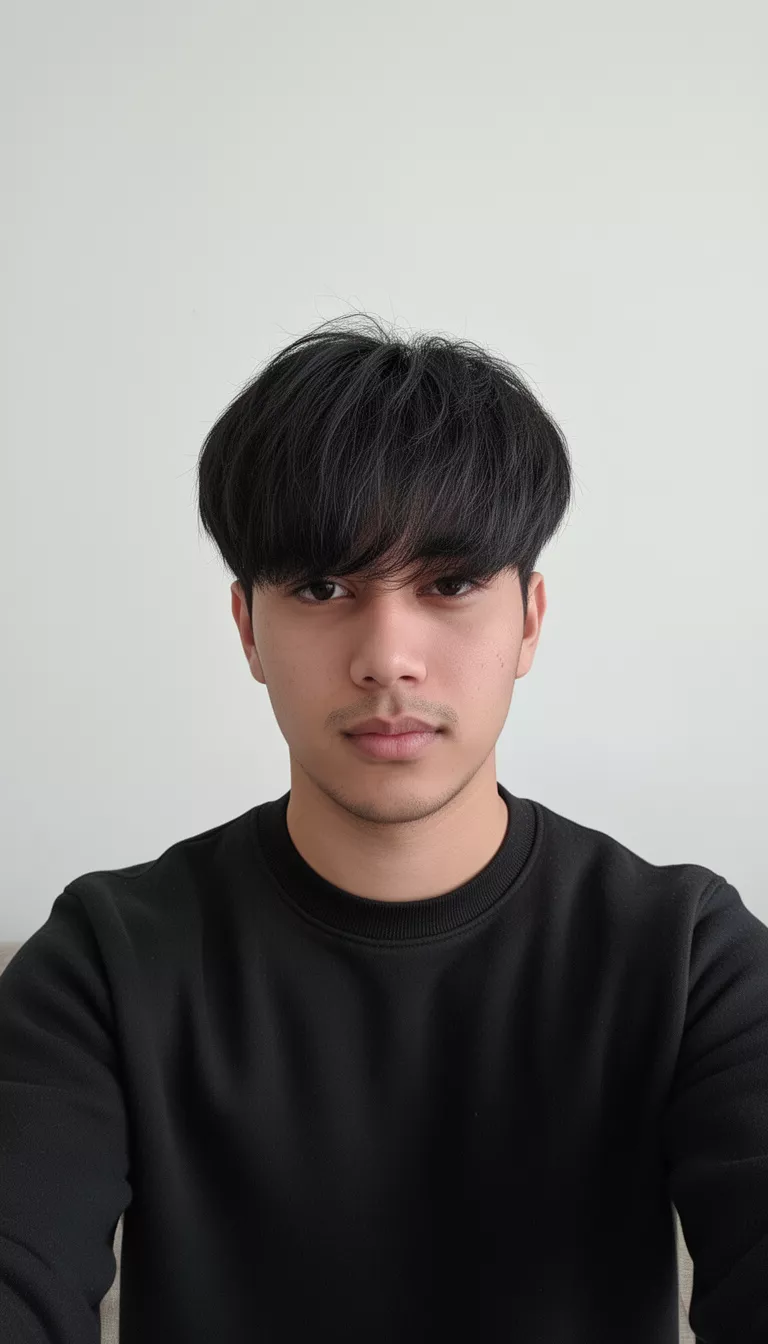 selfie of a 23-year-old man wearing a black crewneck with a dark layered hair covering his forehead hairstyle, front view, minimal background