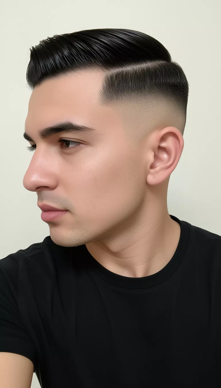 selfie of a 29-year-old man wearing a black shirt with an impeccably slicked over dark hair with a low taper fade hairstyle, side profile view, minimal background