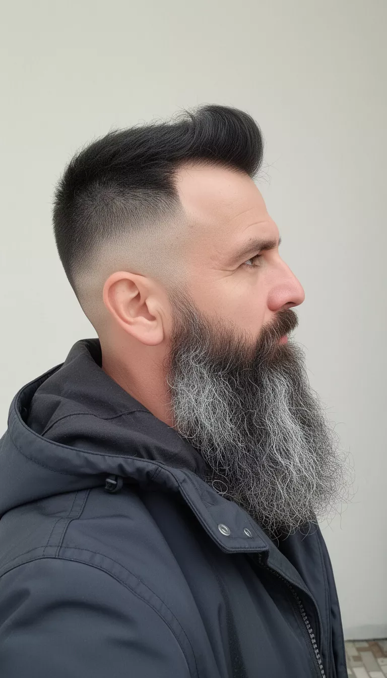 selfie of a 45-year-old man wearing a dark jacket with a full long salt and pepper beard and dark hair styled in a high fade hairstyle, side view, minimal background