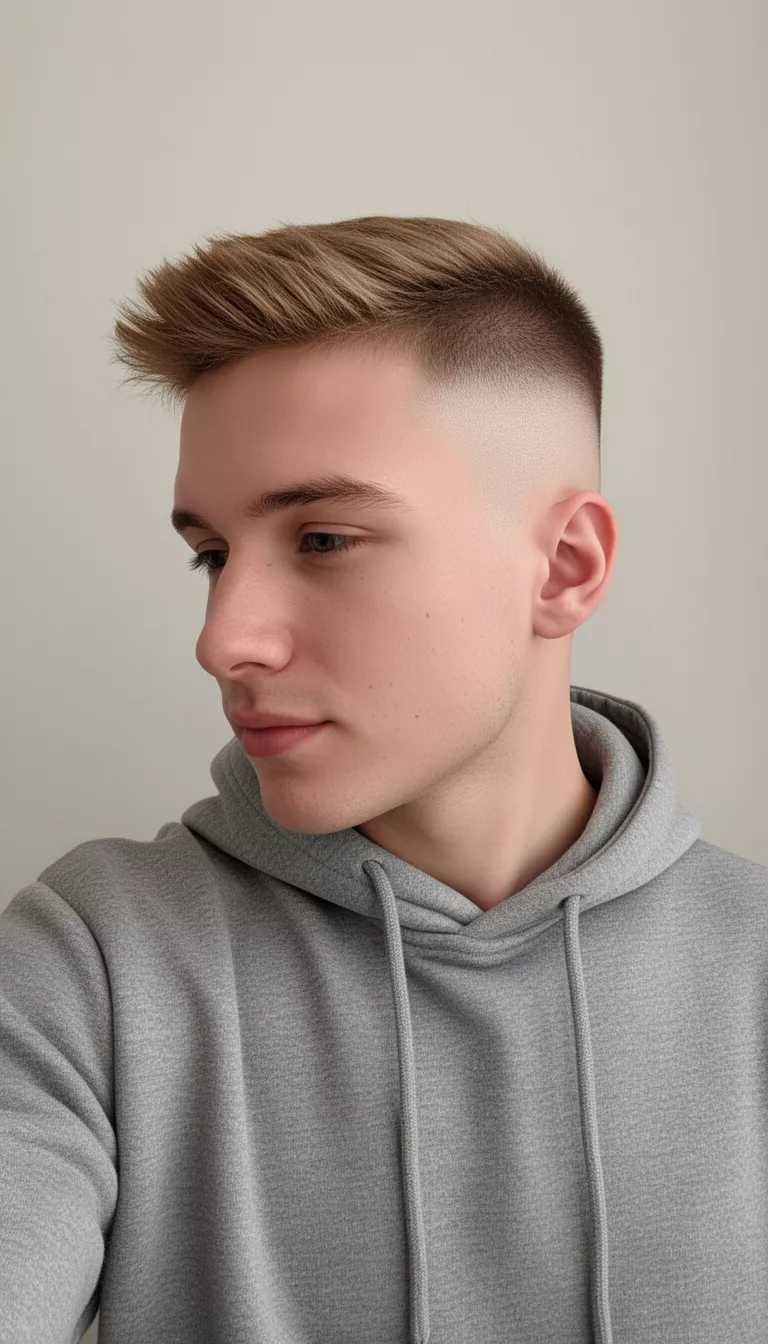 selfie of a 24-year-old man wearing a grey hoodie with a textured light brown hairstyle styled forward with a skin fade hairstyle, side view, minimal background