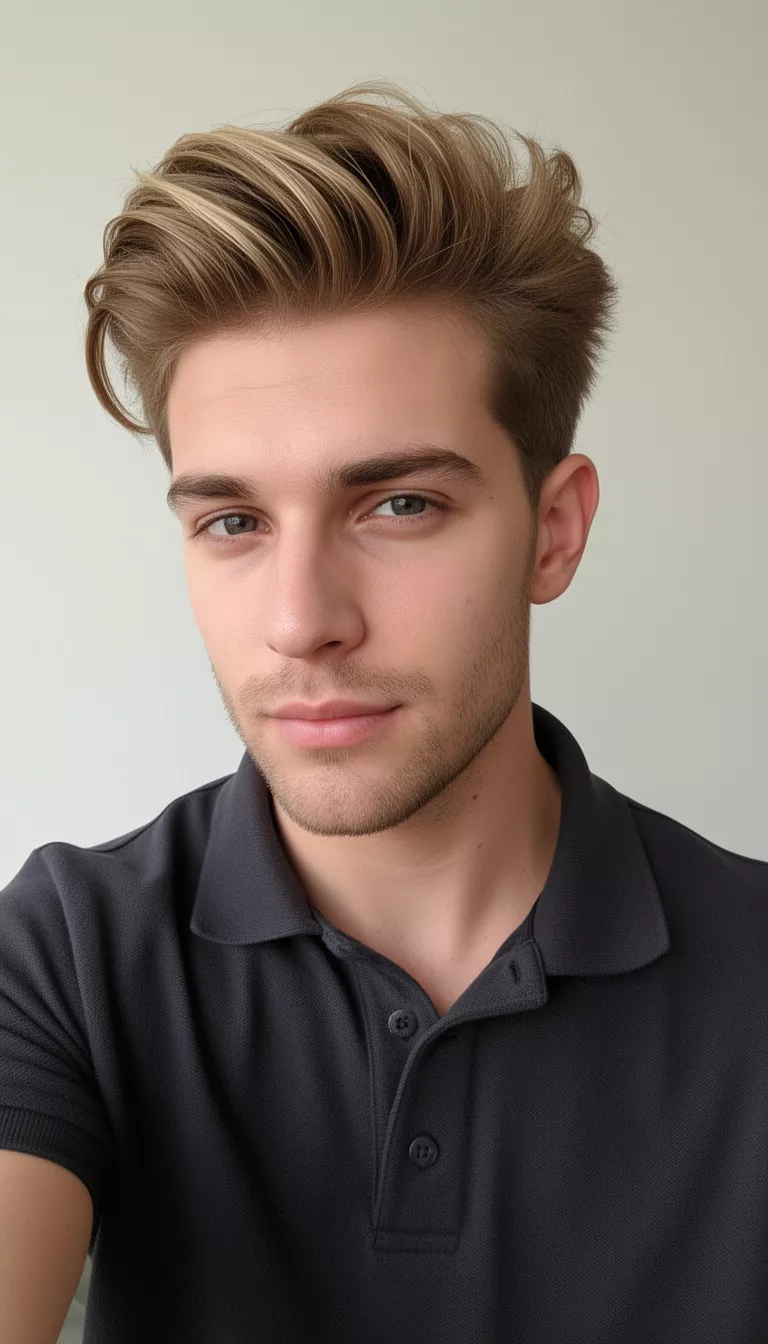 selfie of a 26-year-old man wearing a dark polo with a light brown swept back tousled hairstyle, front side pose, minimal background
